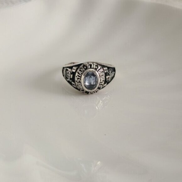 Men's 80s Academia Prep Sterling Silver Blue Topaz Signet School Cigar Ring  10 - Picture 5 of 6